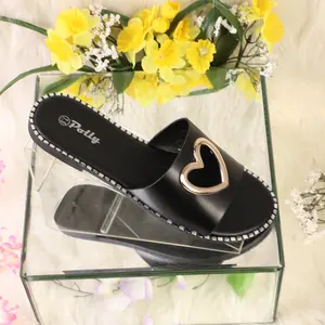 SOFIA-18 WOMAN SANDAL OPEN TOE SLIP ON ONE STRAP CUT OUT HEART DESIGN IN CENTER FLAT HEEL