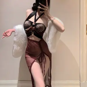 Braroo Enchanted Crimson Muse Lingerie Set – Halter Hanfu-Inspired Mesh Dress with Exotic Sheer Design