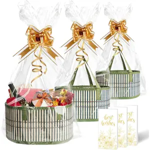 BINVASDS 3 Set Baskets for Gifts Empty, Bamboo Gifts Green Basket with Handles, Large Father's Day Empty Gift Baskets with Gold Ribbon for Fathers Day, Birthday