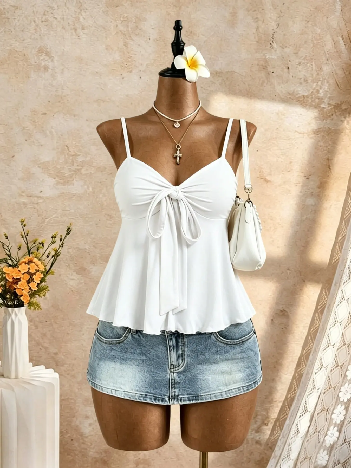 Women's Butterfly Knot Ruffle Strapless Top, Sweet Feminine V-Neck Sleeveless Shirt, Summer Beach Vacation, Everyday & Casual Wear, Casual Beach Tank, Flowy Hem Backless Vest, Womenswear