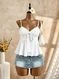 Women's Butterfly Knot Ruffle Strapless Top, Sweet V-Neck Sleeveless Shirt, Summer Beach Vacation & Casual Wear, Flowy Hem Backless Vest