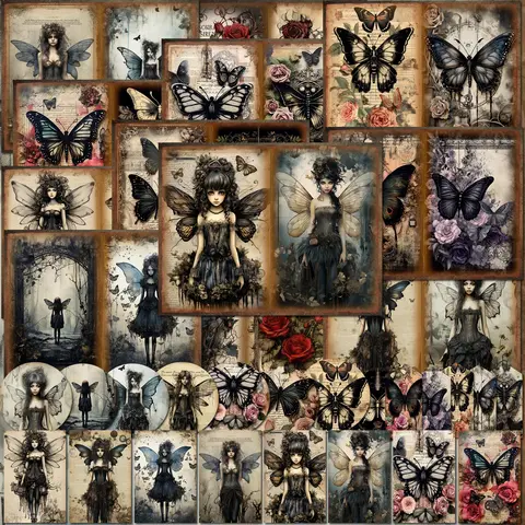 Gothic Butterfly Fairy Pattern Papers & Stickers Set, Sticker Packs, Scrapbook Accessories, 58pcs/set Including 12pcs Scrapbook Paper & 46pcs Sticker, For Gift Packaging, Bullet Journaling, Arts Crafts, Scrapbooking Supplies, Diy Craft Paper