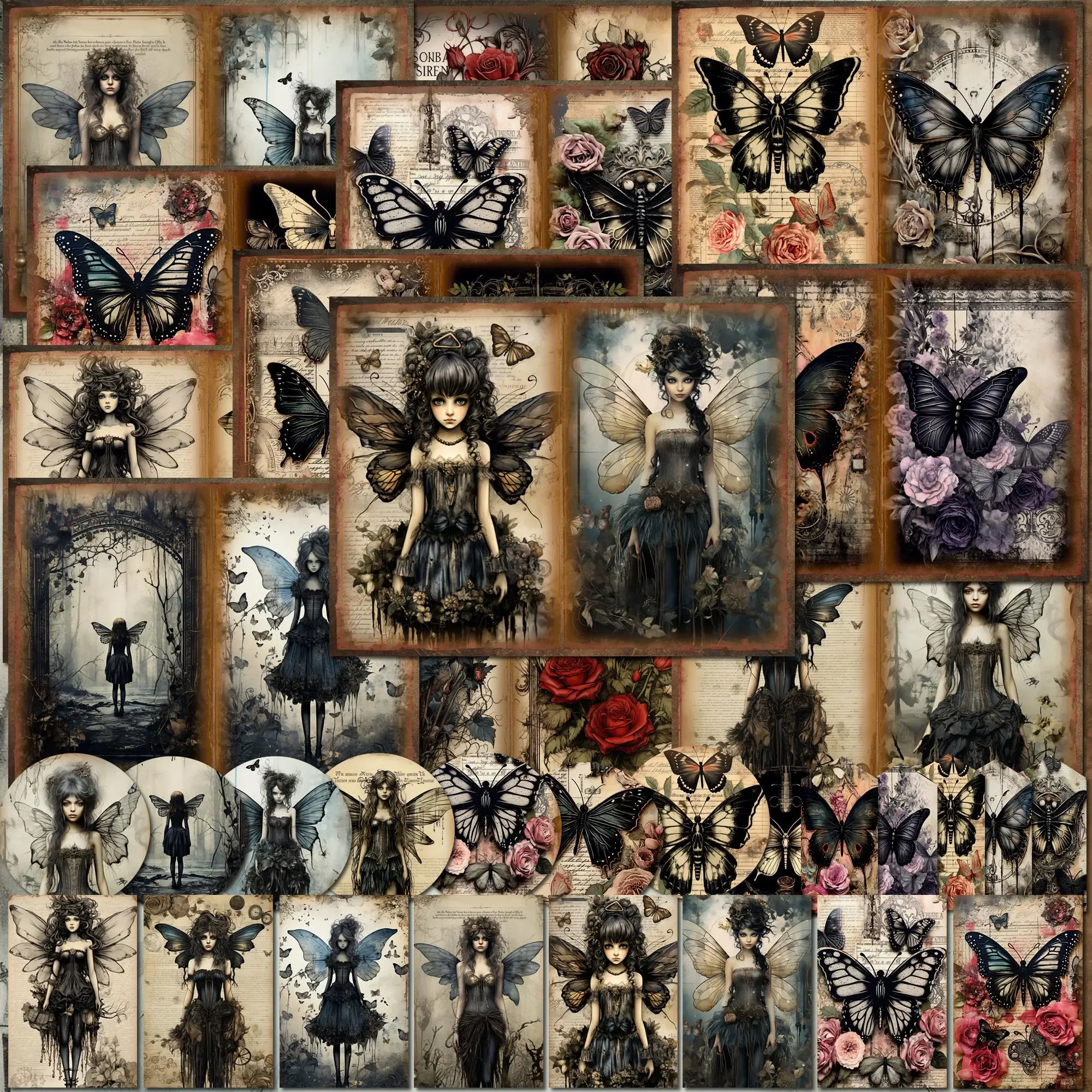 Gothic Butterfly Fairy Pattern Papers & Stickers Set, 58pcs/set Including 12pcs Scrapbook Paper & 46pcs Sticker, Perfect for Mini Gift Packaging, Bull