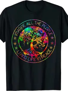 NEW LIMITED All The People Imagine Living Life in Peace Hippie Tie Dye T-Shirt |   Same Style for Men And Women, 2025 Summer, Short-Sleeved, Printed, Pure 220G, Casual Wear, Summer Fashion, Crew Neck, Random Print, Slight Stretch, Regular Fit