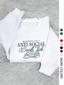 Women's Book Club Letter Print Round Neck Comfortable Fitted Sweatshirt, Casual Long Sleeve Pullover for Fall & Winter, Gift for Book Lovers Womenswear