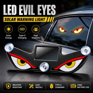 Solar Powered Devil Eyes LED Warning Light, Wireless Demon Eyes Strobe Light for Car Windshield, Type-C Charging, Waterproof Windshield Decor Light Devil's