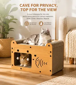 2-in-1 Corrugated Cardboard Cat Scratching Station House - Cozy Lounger Top, Sturdy Build, Hanging Balls for Scratching, Resting, Scratching Station Houses