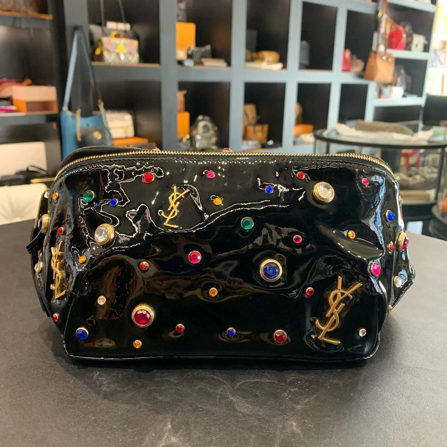 Pre-owned Saint Laurent 2018 Crystal Embellished Monogram Belt Bag in Black Patent Leather XH201