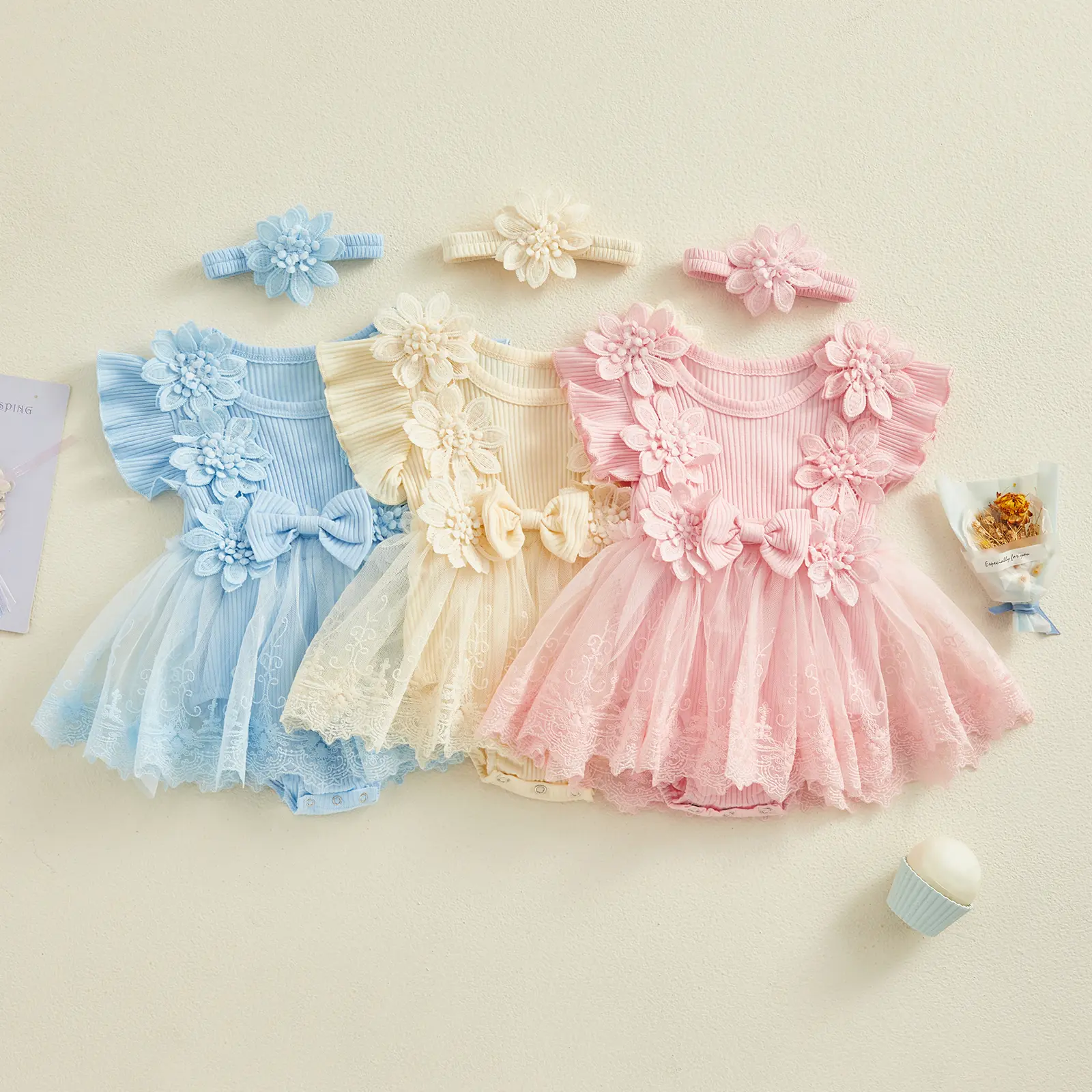 Global Baby Girl 2 Piece Outfits Mesh Lace Patchwork Ruffle Romper Dress and Headband 2026 Summer Baby Romper Dress Baby Girl Western Style Princess Dress Pit Strip Bow Dress Girl