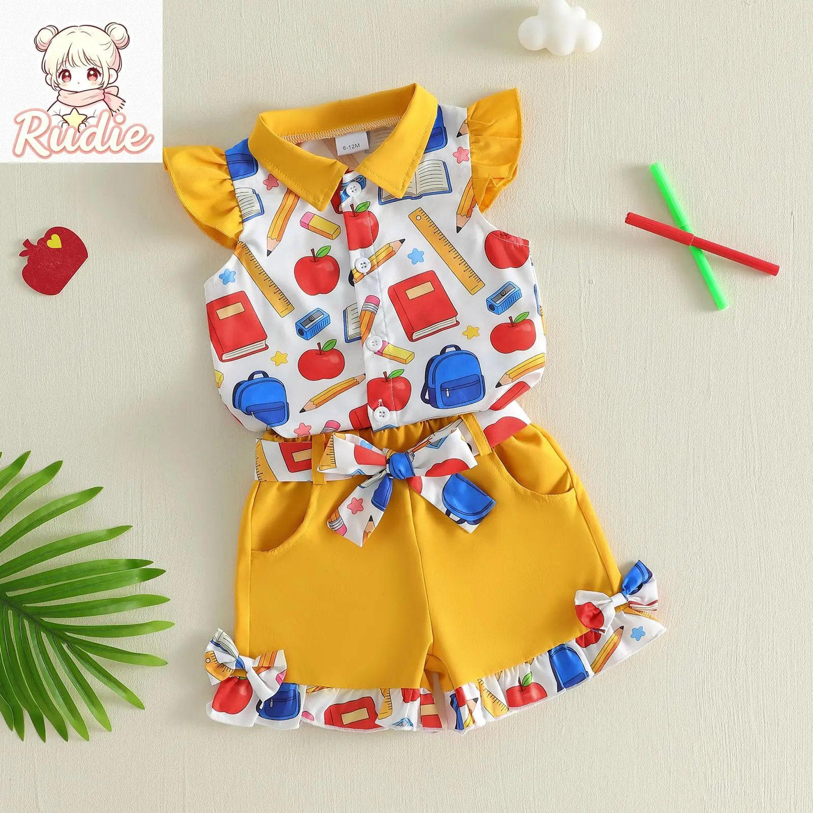 Baby Girls Back-to-School Outfits Book Pencil Print Button up Shirt and Elastic Shorts with Belt Set