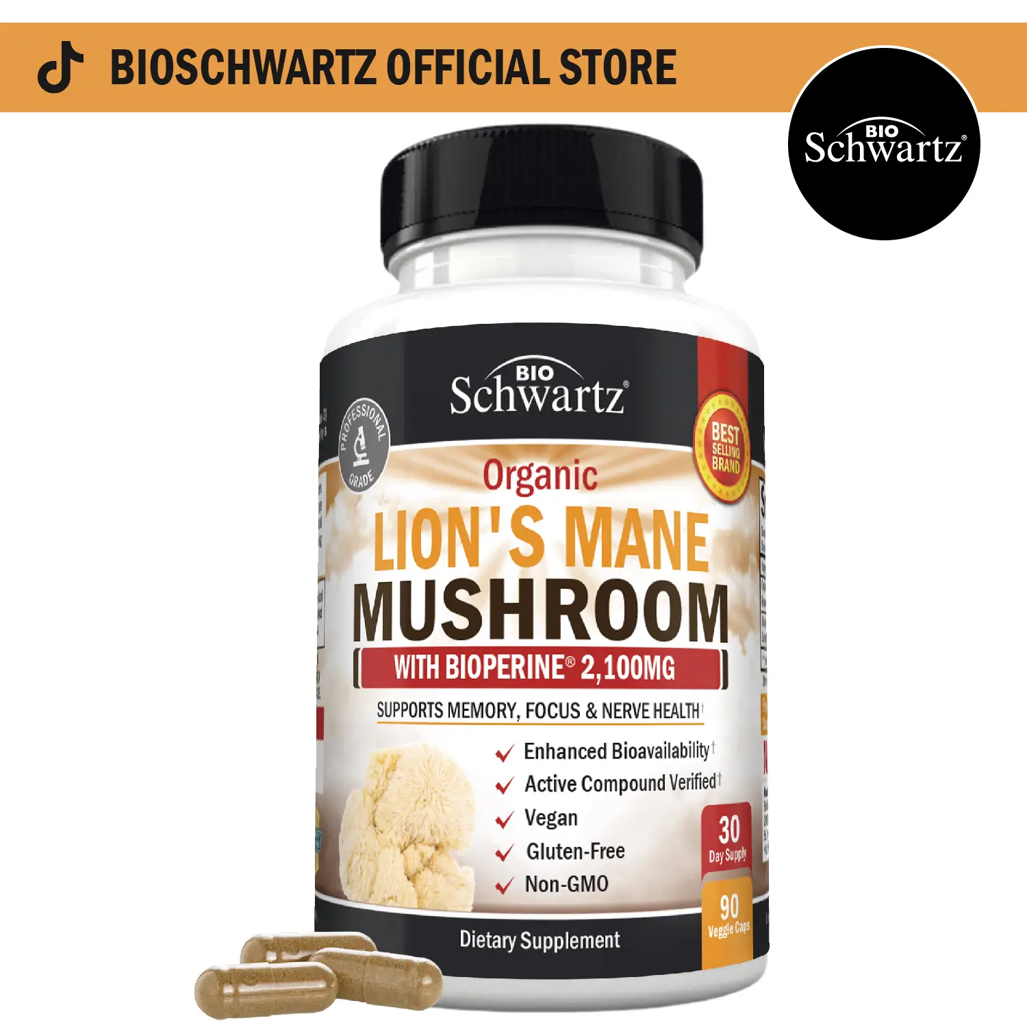 BioSchwartz Organic Lion's Mane Mushroom Capsules, Natural Nootropic Brain Support for Memory and Focus Supplement, 90 Count, 2100mg Lions Mane