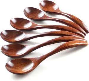 Korean Wooden Spoon, 6- Wooden Spoons, 7 inch Handmade   Wooden Spoons for Soup Coffee Salad Desserts Chips Snacks Cereal and Fruit