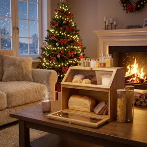 Double Layer Large Bread Box for Kitchen Counter, Wooden Large Capacity Bread Storage Bin (Natural Bamboo)