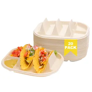 20 Pcs Small Disposable Taco Plates for Party, Cornstarch Taco Holders with 2 Dipping Areas, Hold for 2 Tacos, Square Fiesta Taco Trays for Taco Night, Microwave Safe