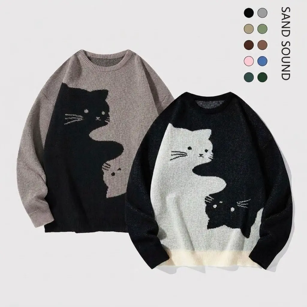 SAND SOUND Men's Crew Neck Knitwear Pullover - Unisex Cute Cartoon Cat Print, Oversized Baggy Polyester Long Sleeve Chic Top, Autumn Winter Casual College-Style Wear, Birthday Gift for BF to Match Jeans