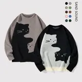 SAND SOUND Men's Crew Neck Knitwear Pullover - Unisex Cute Cartoon Cat Print, Oversized Baggy Polyester Long Sleeve Chic Top, Autumn Winter Casual College-Style Wear, Birthday Gift for BF to Match Jeans,sohochic