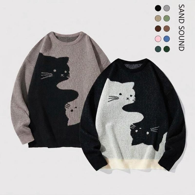 SAND SOUND Men's Crew Neck Knitwear Pullover - Unisex Cute Cartoon Cat Print, Oversized Baggy Polyester Long Sleeve Chic Top, Autumn Winter Casual College-Style Wear, Birthday Gift for BF to Match Jeans