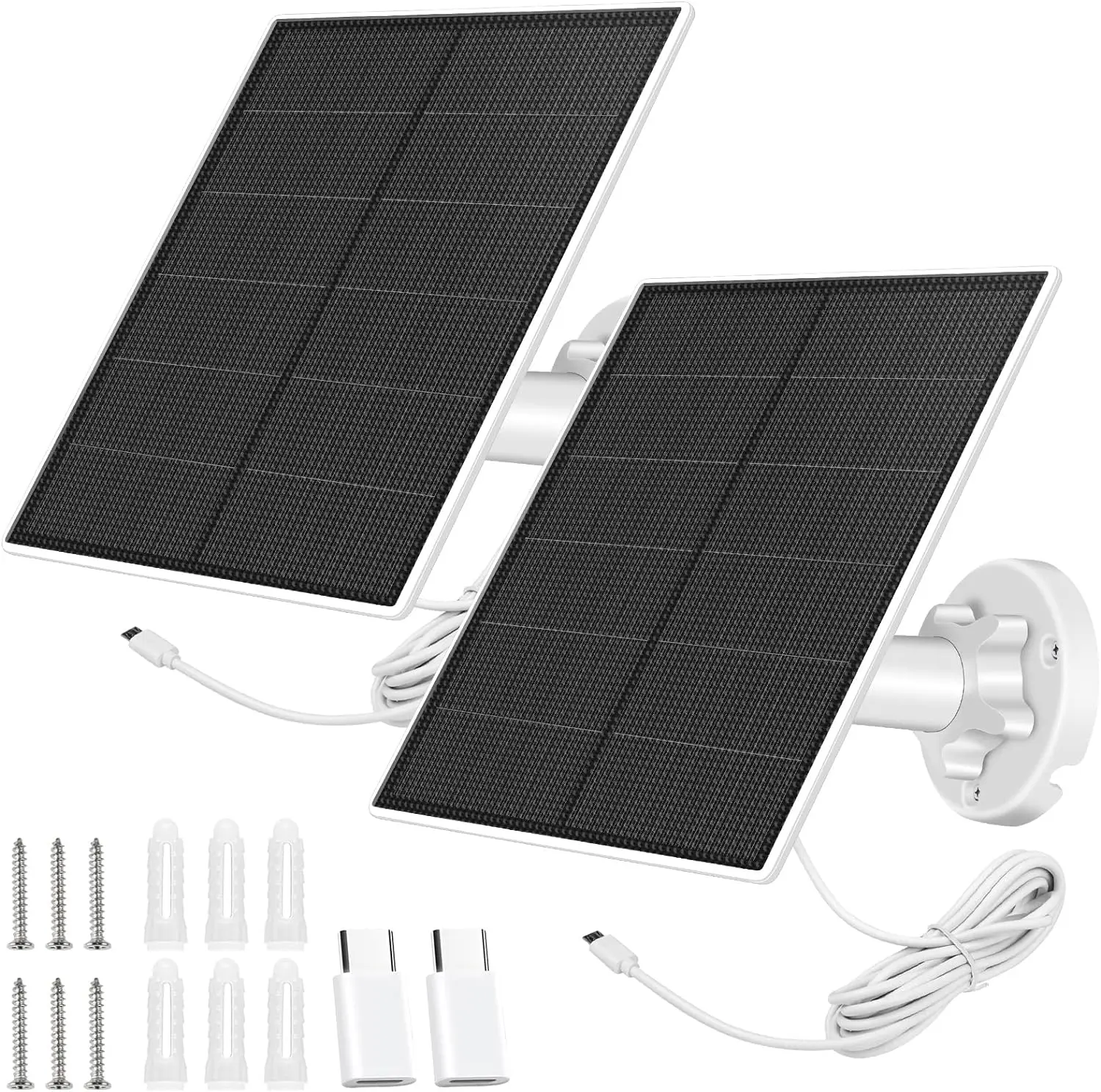 BORNERWHITE 2 Pack Solar Panel for Security Camera, 5W USB Solar Panel Compatible with Rechargeable Battery Camera with Micro USB or USB-C Port,Camera