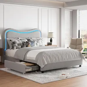 LED Bed Frame Twin Full Queen Size with 2 Drawers and Headboard, Cute Upholstered Bed with Storage, Sturdy Platform Bed, No Box Spring Needed, Wooden Slats, Noise Free, Grey
