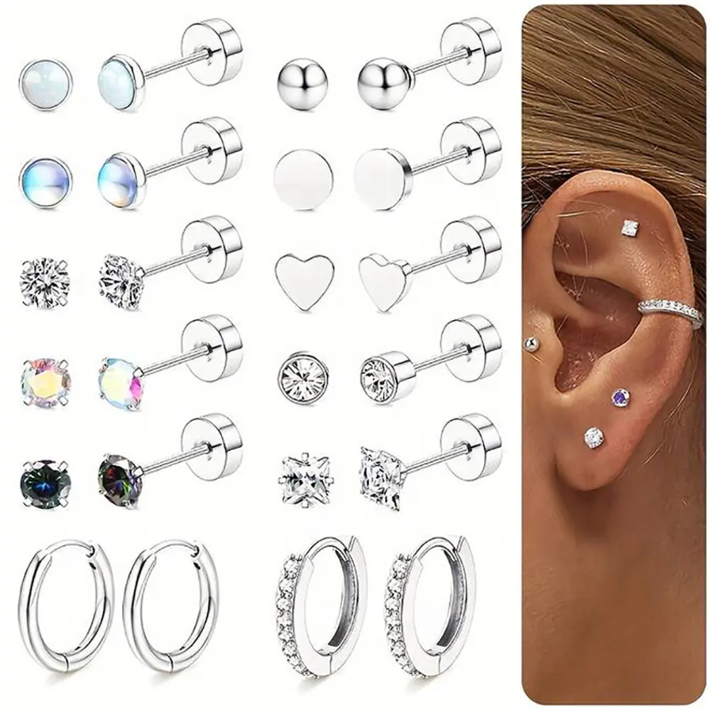 12 Pairs Surgical Steel Flat Back Earrings - Dainty Fashion Jewelry, Body-Safe Hypoallergenic Stud Earrings Jewelry for Sensitive Ears, Small Cartilage Hoops, CZ Protein Stone Spiral Back for Women