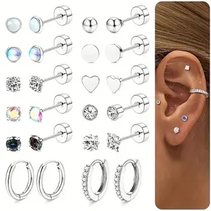 12 Pairs of Surgical Steel Flat Back Earrings Suitable for Multiple Piercing Holes, Hypoallergenic Earrings for Sensitive Ears, Small Cartilage Patchy Ear Hoops Earring Circles CZ Protein Stone Spiral Back Earring Studs for Women and Men