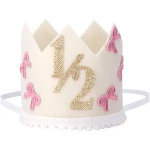 1/2 Birthday Hat, Bow Glitter Half Birthday Crown Hat for 6-Months Celebration Party Decorations for Girl Boy Party Photo Prop Supplies
