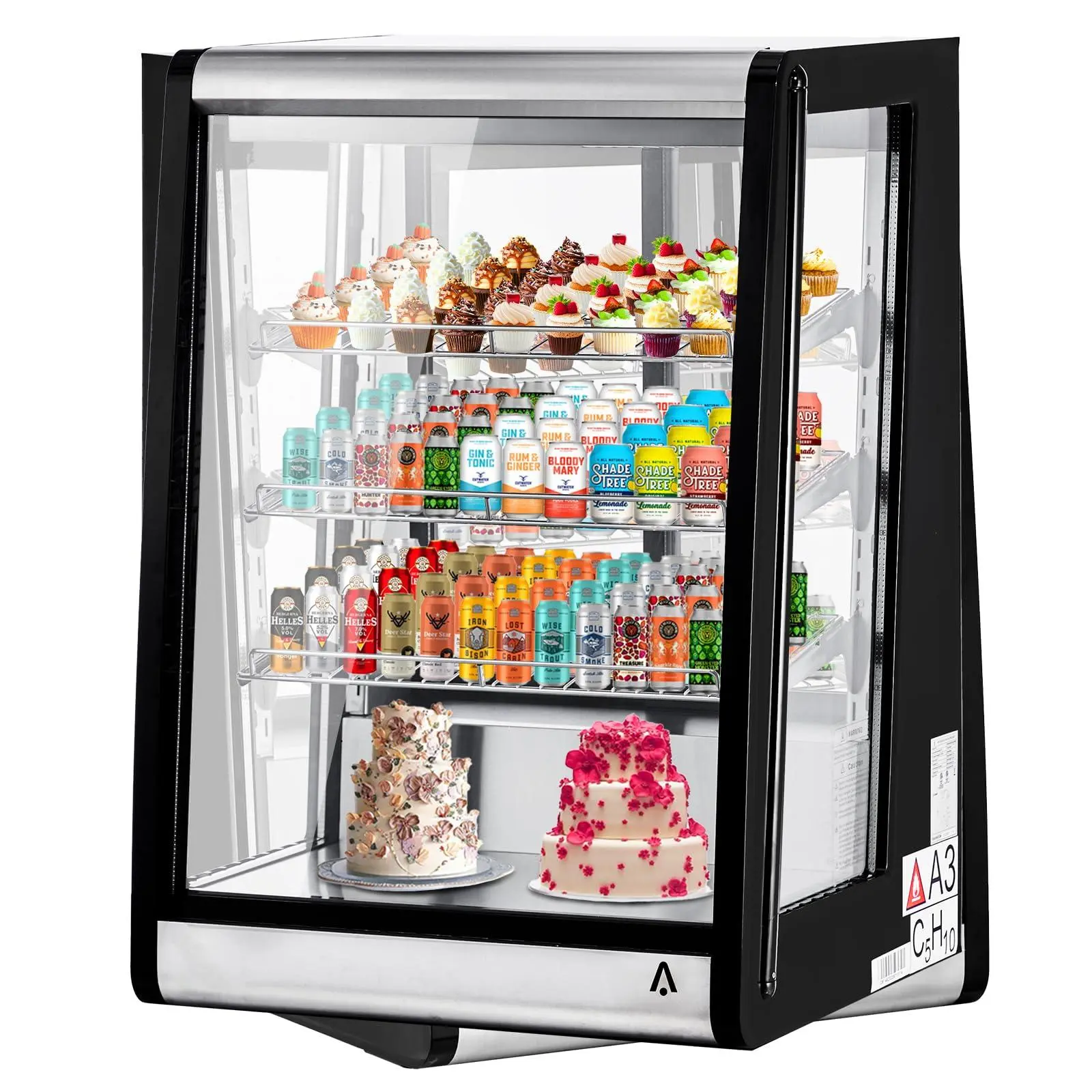 Commercial display refrigerator, 146 L / 5.2 cu ft beverage cooler with glass door, adjustable shelves, LED lighting, digital temperature control, double-pane construction, energy-efficient countertop cooler, black