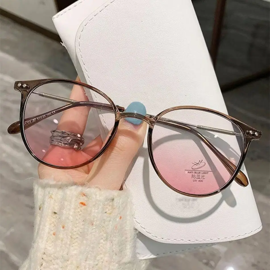 Valentine’s Day Gift for Him & Her Korean Style Anti-Blue Light & Anti Radiation Plain Glasses | Ultra-Light Blush Cold Brown Round Metal Frame Eyewear | Must-Have for Office Work Daily Commute Study Date Accessories, Blue Light Glasses