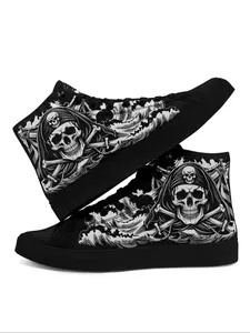 Men's Halloween Theme Skull Pattern Lace Up High Top Sneakers, Casual Comfortable Breathable Sports Shoes, Fashionable Skull Pattern Sneakers for Daily Wear
