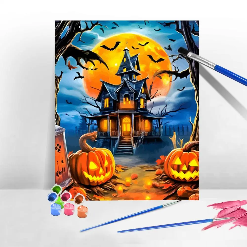 Halloween Pumpkin House Artificial Paint By Numbers No Frame,With Tools DIY Hobby Canvas Kits Home Decoration Modern	