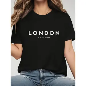 Women's Black "London England" Graphic T-Shirt 100% Cotton Short Sleeve Crew Neck Casual Tee for Travel Gifts Holidays