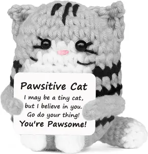 Positive Crochet Cat Mini Animal Emotional Cheer Up Support Gifts, Funny Crochet Mini Handmade Cat for Women Men Friends Mom Daughter Son Teen Birthday Mothers Day Decor Graduation Gifts