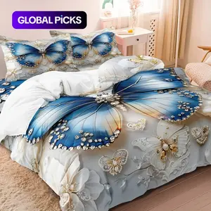 3pcs Set Butterfly & Flower Bow Print Bedding Set, Including 1 Duvet Cover & 2 Pillowcases without Filler, Soft Bedding Sets, Bedding Supplies for Home Bedroom Hotel #GLOBAL PICKS