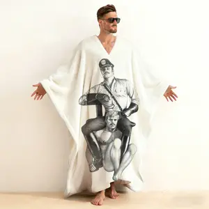 Tom of Finland Iconic Motif Print V-Neck Kaftan, Retro Symbol Art Long Sleeve Pullover Robe, Men's Closed Front Lounge Wear, Soft Cotton Collector Loungewear
