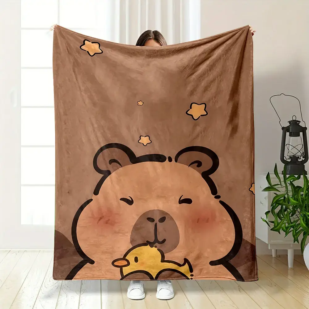 Capybara Flannel Blanket - Cute Cartoon Plush Throw, Decorative Sofa Cover, Machine Washable, Holiday Gift, Wall Hanging, Travel Multi-Purpose Bedding, Decorative Sofa Blanket, Machine Washable Blanket Multifunctional Soft Cozy