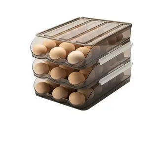 Egg Storage Organizer Auto Rolling Egg Holder Plastic Fridge Egg Tray Sliding Rack for Refrigerator Space Saving Kitchen Use