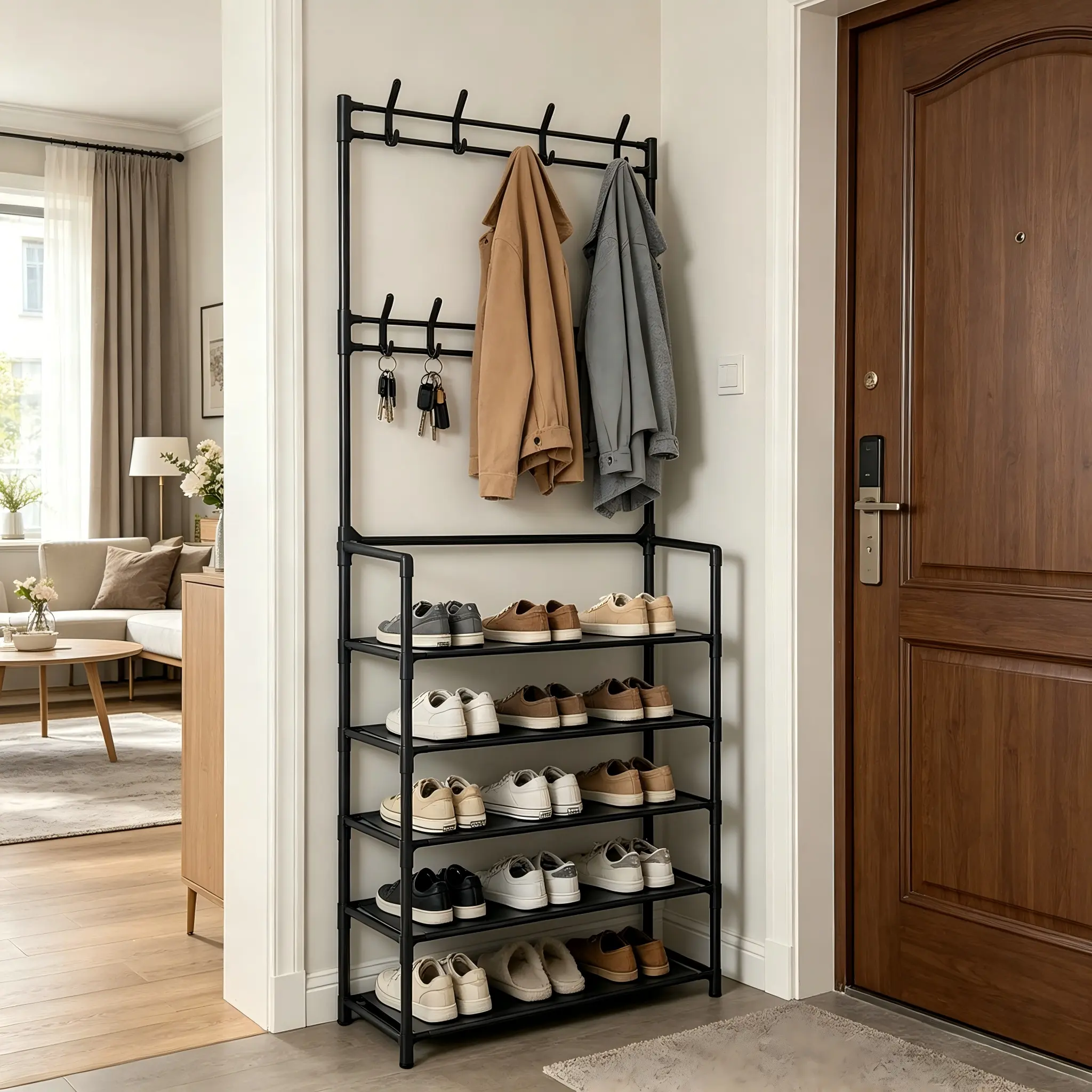 Nordic style white coat, hat, and shoe rack integrated floor standing hanging rack, multi-layer shoe rack, entrance storage rack (68in * 24in * 10.23in)