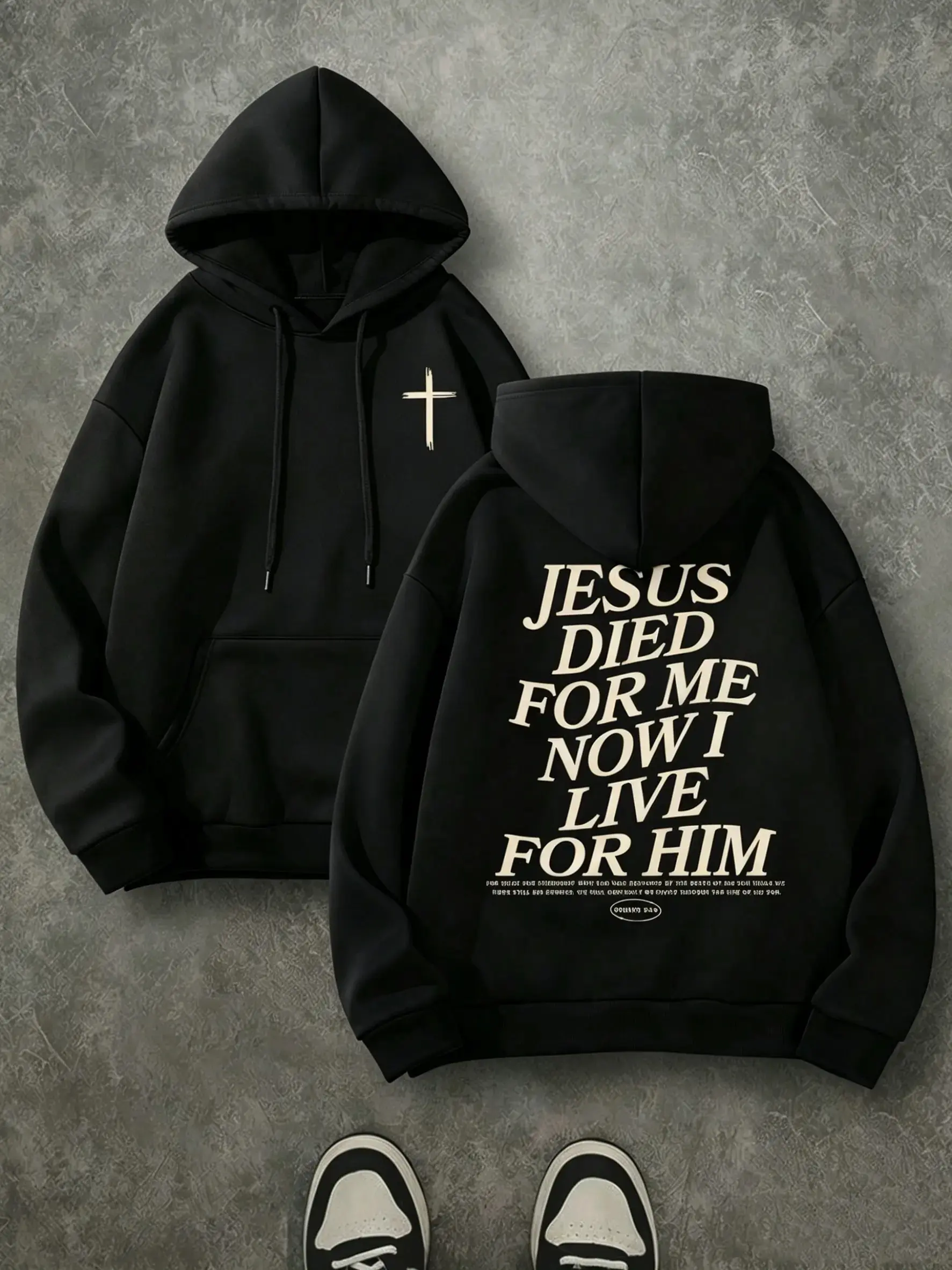 Jesus Died For Me Now I Live For Him Double Print Hoodie, 270G Brushed Fleece Small Front Cross Christian Hooded Sweatshirt, Religious Inspirational Casual Streetwear Pullover For Men Women