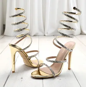 Women's Heeled Sandals Rhinestone Sandals With Spiral Ankle Straps And Sparkling High Heels, Suitable For Daily Wear BD