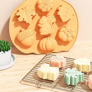 Silicone Baking Mold, Fall Theme Silicone Mold, Pumpkin Maple Leaf Squirrel Acorn Chocolate Mold, Food Grade Non Stick Silicone Cake Mold, Multipurpose Baking Pan for Candy, Soap, Jello, Thanksgiving Halloween Party Supplies