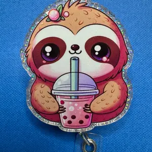 Cute Sloth Drinking Boba Tea Badge Reel with Holographic Border and Adorable Sloth Design