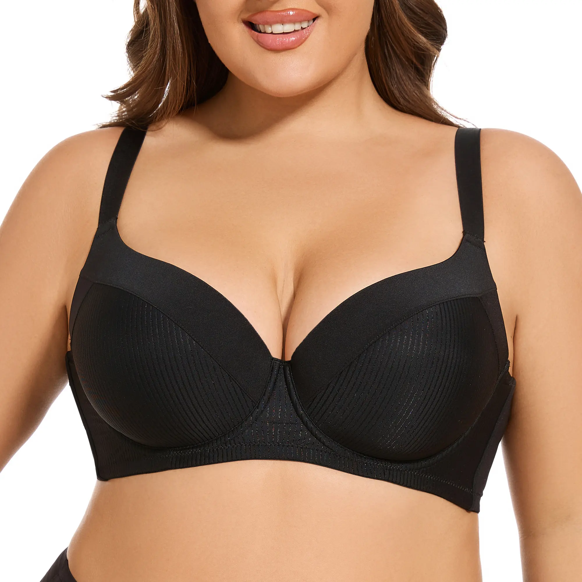 Ladies' Feminine Underwire Lightly Padded Push Up Bra - Full Coverage Deep V Plunge T-Shirt Bra with Spandex-Nylon Fabric, Breathable Striped Cups, No-Poke Support, Smoothing U-Back, Adjustable Straps, High Side Wings, Breathable Stretch Everyday Bras