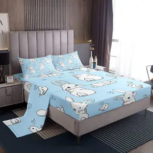 Feelyou Twin Size Blue Cartoon Rabbit Bedding Sheet Set - Cute Watercolor Wild Animal Decor, Breathable, Easy Care, Fits Twin Size