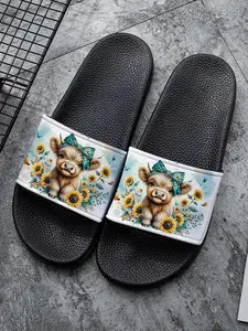 Highland Cow Sunflower PVC Slippers for Men & Women, Cute Cartoon Design, Comfortable Non-Slip Indoor Outdoor Shoes, Rustic Style, Footwear