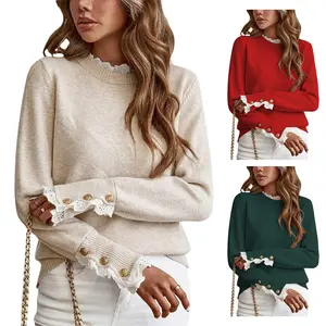 Cakulo 2026 Women's Loose-Fit Round Neck Long-Sleeve Knitted Sweater with Lace Trim  elegant and casual  soft and warm  flattering fit  versatile top Style Jeans