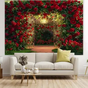 1pc Extra-Large Enchanting Rose Archway Backdrop with Chandelier/Romantic Valentine's Day Wedding Birthday & Anniversary Decoration/Indoor & Outdoor Use/Polyester Material Easy Setup for Live Streaming & Party Decor Valentines Decor