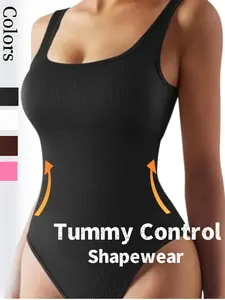 Women's Solid Color Ribbed Shapewear Bodysuit, Casual Comfortable Tummy Control Sleeveless Shaper, Ladies Shapewear for All Seasons, Womenswear，Women's Seamless Shapewear