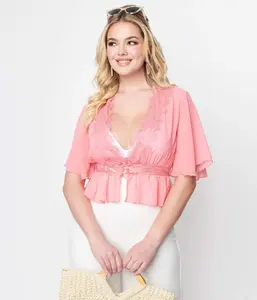 Coral Wild Flower Sheer Lace Peplum Blouse