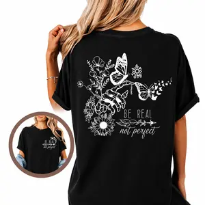 Women's T-Shirt - Inspirational Letter Print, Short Sleeve Round Neck Casual Top, Breathable Summer & Spring Tee, Machine Washable, Motivational Apparel, Floral Design Tee Sweatshirt Printed Womenswear Cotton