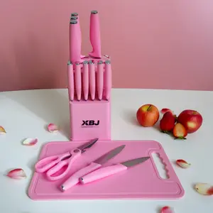 15-Piece Kitchen Knife Set: Solid Wood & Plastic Knife Block, Including Chef's Knife, Japanese-Style Knife, Meat/Vegetable Knife, Chicken Bone Knife, German-Style Steak Knife. Multi-Color Stainless Steel, Ideal for Home Storage & Gifting.Utensils Washable